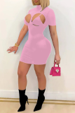 Pink Sexy Solid Hollowed Out Half A Turtleneck Short Sleeve Two Pieces