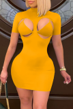Yellow Sexy Solid Hollowed Out Half A Turtleneck Short Sleeve Two Pieces