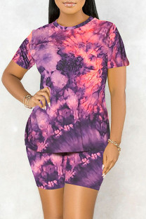 Purple Casual Print Tie-dye O Neck Short Sleeve Two Pieces