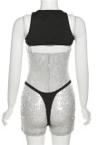 Grey Sexy Patchwork Hollowed Out Sequins O Neck Sleeveless Three Piece Set