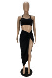 Black Fashion Sexy Solid Backless Slit Strap Design Spaghetti Strap Sleeveless Two Pieces