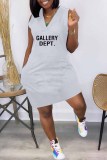 Pink Street Print Letter V Neck One Step Skirt Dresses