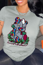 Grey Casual Cute Print Patchwork O Neck T-Shirts