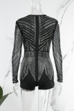 Black Sexy Patchwork Hot Drill V Neck Skinny Rompers