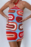 Blue Sexy Patchwork Backless Halter Sleeveless Dress Dresses