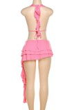 Pink Sexy Solid Bandage Backless Halter Irregular Dress Dresses