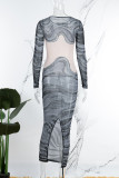 Grey Sexy Patchwork See-through Slit O Neck Long Sleeve Dresses