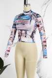 Apricot Casual Print Basic Turtleneck Tops