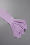Light Purple Sexy Solid Backless Slit Oblique Collar Long Sleeve Dresses