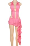 Pink Sexy Solid Bandage Backless Halter Irregular Dress Dresses