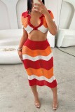 Red Sexy Casual Patchwork Contrast Turndown Collar Short Sleeve Two Pieces