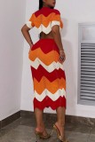 Red Sexy Casual Patchwork Contrast Turndown Collar Short Sleeve Two Pieces
