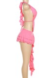 Pink Sexy Solid Bandage Backless Halter Irregular Dress Dresses