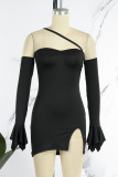 Light Purple Sexy Solid Backless Slit Oblique Collar Long Sleeve Dresses