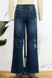 Deep Blue Casual Solid Ripped Patchwork Mid Waist Regular Denim Jeans