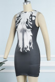 Black Sexy Print Basic O Neck Sleeveless Dress Dresses