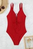 Rose Red Sexy Solid Bandage Hollowed Out Backless Swimwears (With Paddings)