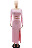 Pink Casual Solid Bandage Patchwork Slit U Neck Long Sleeve Two Pieces
