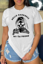 White Casual Daily Print Skull Patchwork O Neck T-Shirts