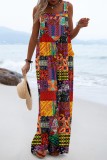Multicolor Casual Printed Stitching Halter Strap Wide-leg Jumpsuit