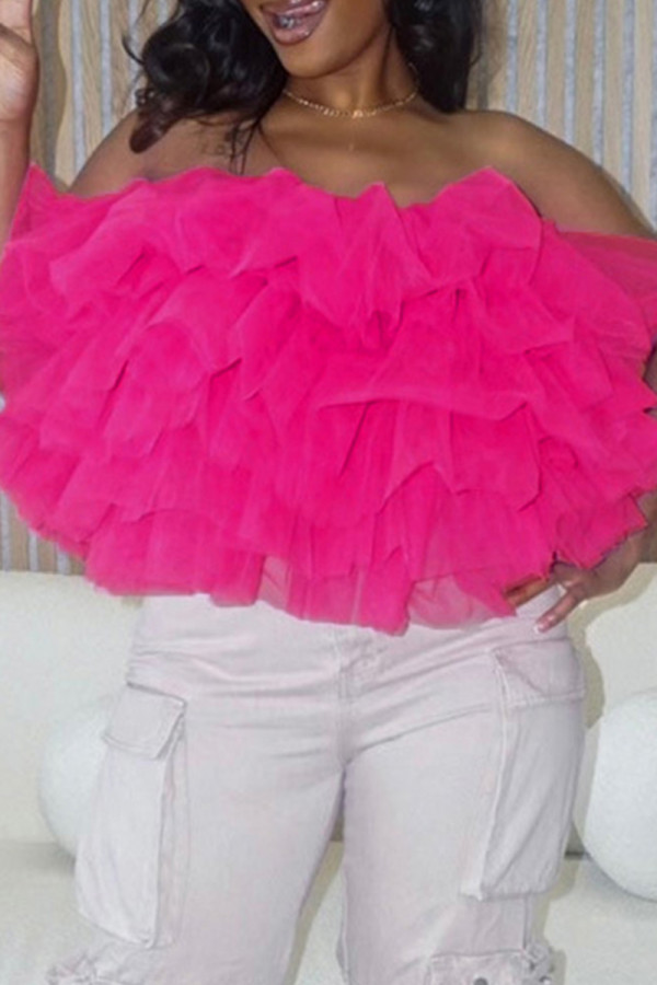 Rose Red Sexy Casual Solid Patchwork Backless Strapless Tops