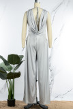 Light Blue Casual Solid Patchwork Backless V Neck Straight Jumpsuits