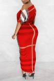 Red Casual Print Patchwork Oblique Collar Short Sleeve Dress Dresses