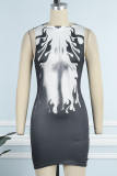 Black Sexy Print Basic O Neck Sleeveless Dress Dresses