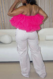 Rose Red Sexy Casual Solid Patchwork Backless Strapless Tops