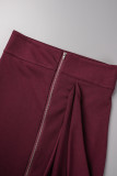 Red Casual Work Elegant Solid Patchwork Flounce Skinny High Waist Pencil Solid Color Bottoms