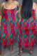 Rose Red Sexy Print Backless Spaghetti Strap Long Dress Plus Size Dresses