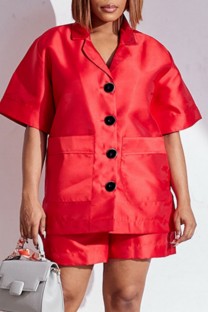 Red Casual Solid Patchwork Shirt Collar Short Sleeve Two Pieces