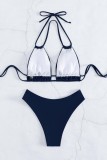 Deep Blue Sexy Solid Bandage Backless Swimwears (With Paddings)