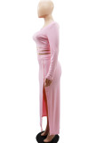 Pink Casual Solid Bandage Patchwork Slit U Neck Long Sleeve Two Pieces