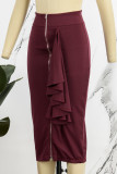 Red Casual Work Elegant Solid Patchwork Flounce Skinny High Waist Pencil Solid Color Bottoms