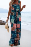 Blue Casual Printed Stitching Halter Strap Wide-leg Jumpsuit