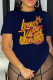 Navy Blue Street Vintage Print Patchwork Letter O Neck T-Shirts