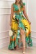 Gold Casual Print Patchwork Slit V Neck Long Dress Dresses