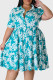 Sky Blue Casual Print Patchwork Turndown Collar Shirt Dress Plus Size Dresses