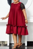 Red Casual Solid Patchwork O Neck Short Sleeve Dress Dresses