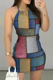 Colour Sexy Casual Print Bandage Backless O Neck Sleeveless Dress Dresses