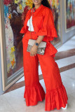 Red Casual Solid Patchwork Three Quarter Two Pieces