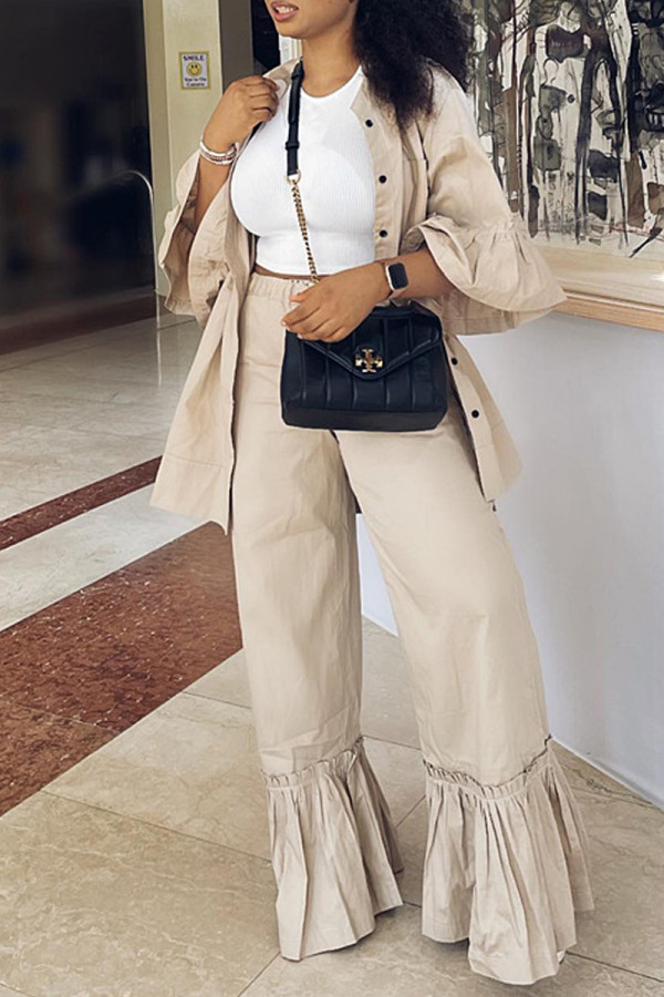 Cream White Casual Solid Patchwork Three Quarter Two Pieces