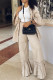 Cream White Casual Solid Patchwork Three Quarter Two Pieces