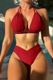 Rose Red Sexy Solid Bandage Backless Swimwears (With Paddings)
