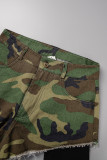 Khaki Casual Camouflage Print Patchwork Skinny Mid Waist Conventional Full Print Shorts