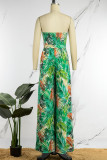 Rose Red Sexy Casual Print Backless Strapless Regular Jumpsuits