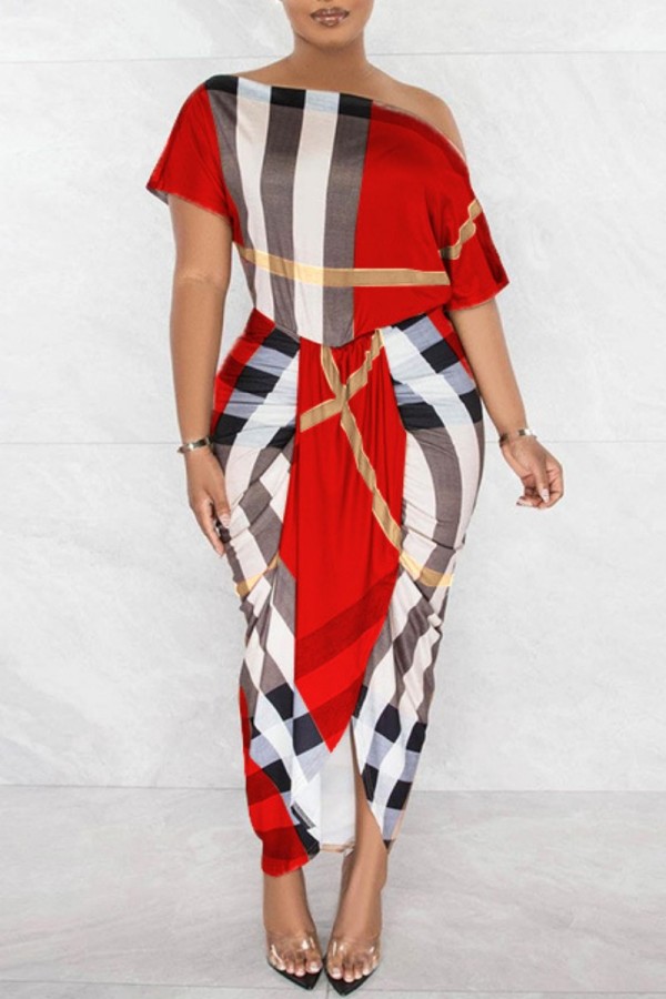Red Casual Print Patchwork Oblique Collar Short Sleeve Dress Dresses