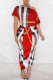 Red Casual Print Patchwork Oblique Collar Short Sleeve Dress Dresses