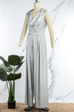 Light Blue Casual Solid Patchwork Backless V Neck Straight Jumpsuits